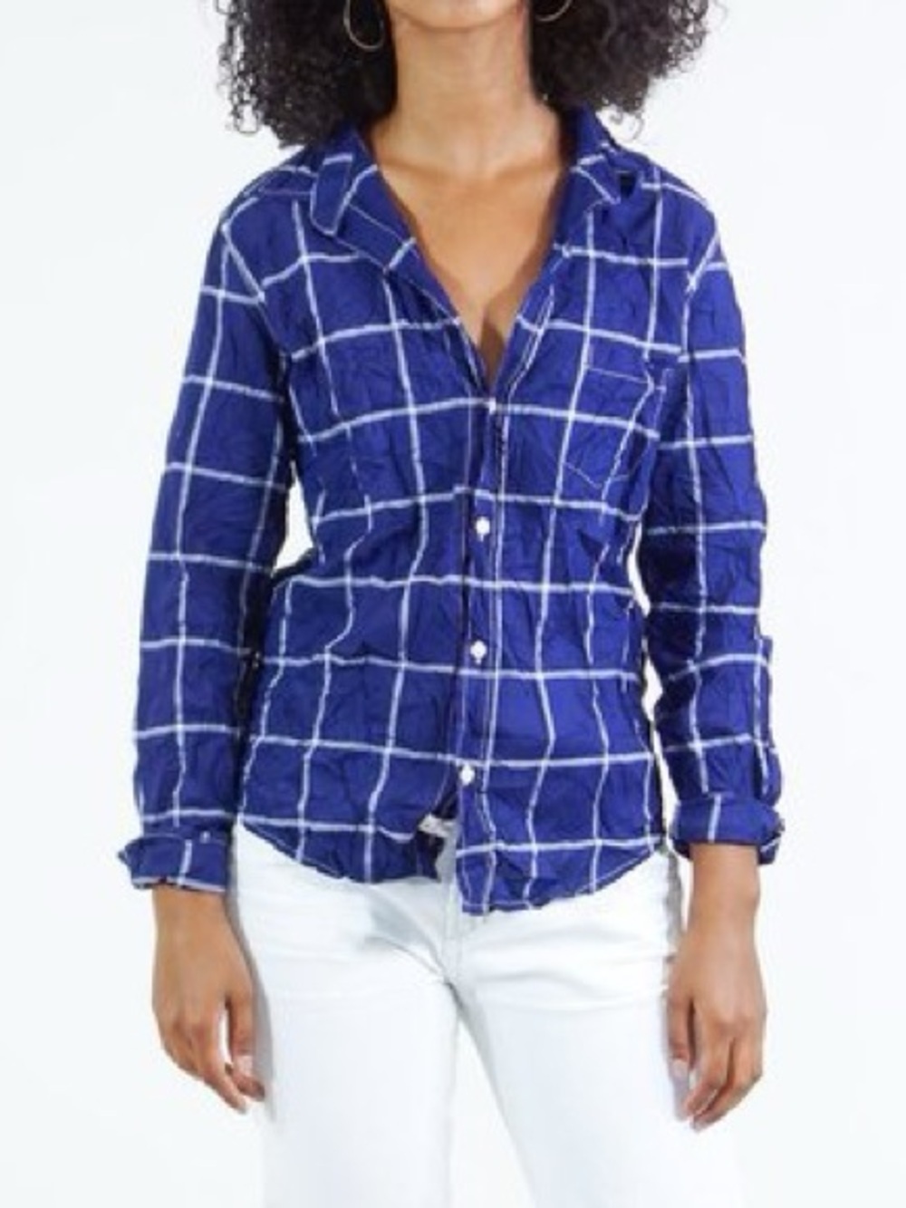 Frank & Eileen Barry Crinkle Plaid Windowpane Grid Button Up Shirt Navy Blue XS